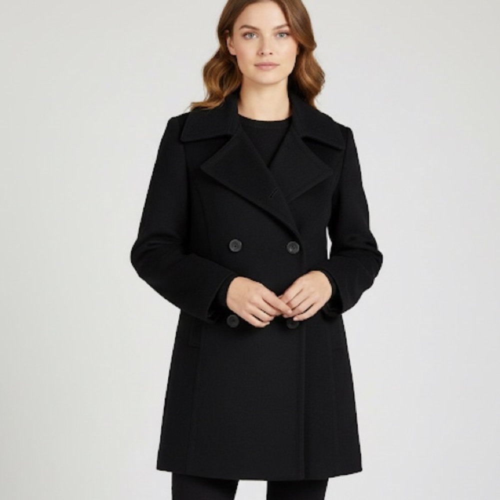 Anne Klein Black Wool Pea Coat Women’s 10 USA Tailored Double Breasted y2K
